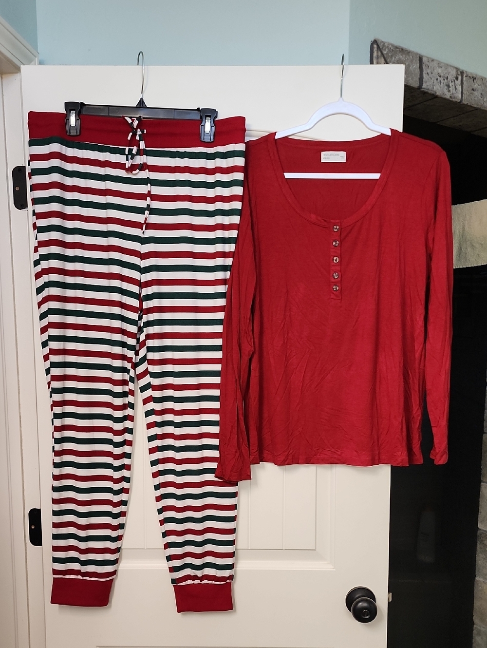 Womens Red Long-Sleeve Pajama Set with Striped Pants